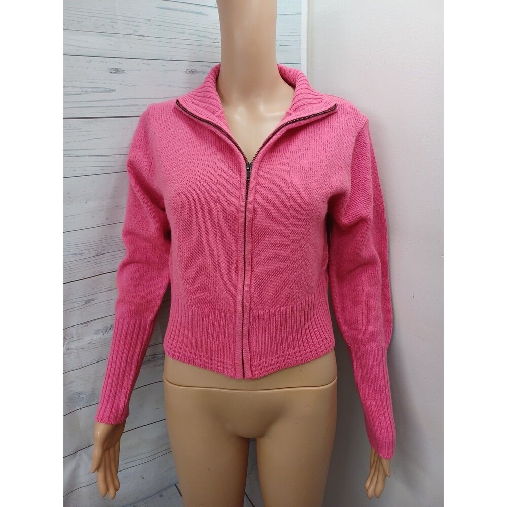 Poof Apparel Womens Pink Sweater Long Sleeve Full Zip Sz M Crochet